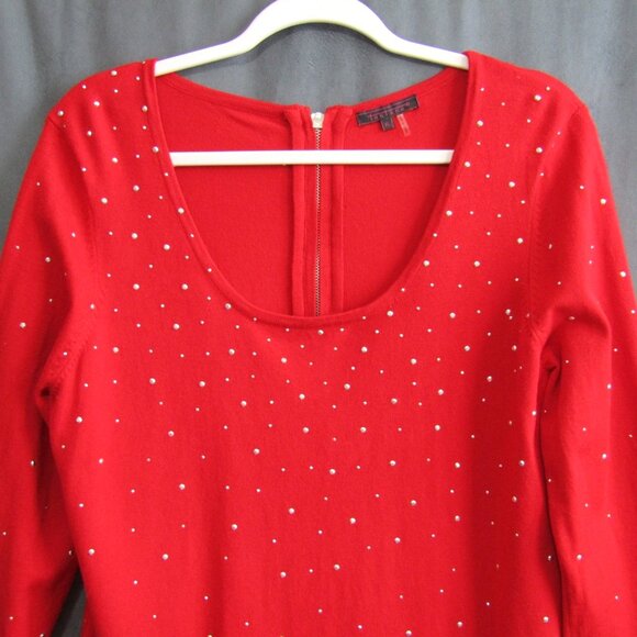 Fontana Red Silver Studded Top Womens Size XL 3/4 Sleeve Scoop Neck Stretch - Picture 2 of 10